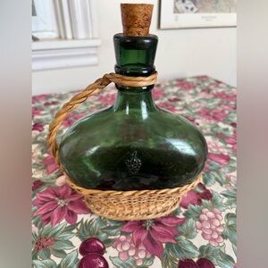 Green Glass Demijohn in Protective Wicker Basket